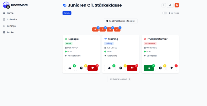 Mannschaftskalender mit Event-Rückmeldungen
