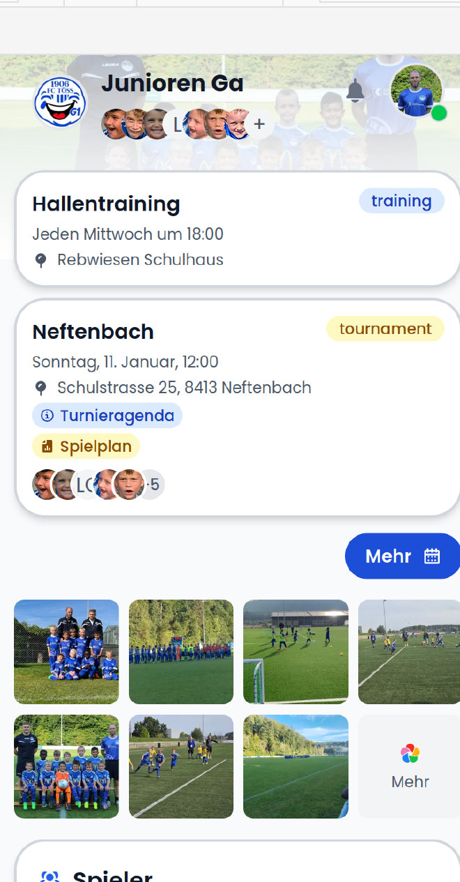 The homepage dashboard showing upcoming events for multiple teams