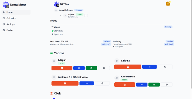 The homepage dashboard showing upcoming events for multiple teams