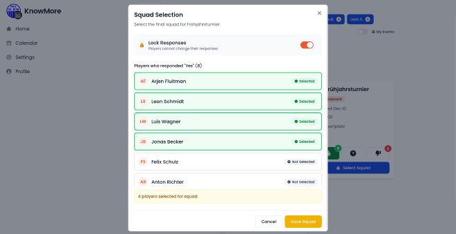 Squad selection interface